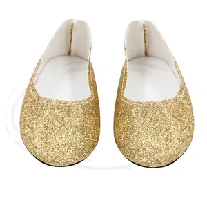 Detailed close-up of 18-inch doll flat shoes featuring shimmering gold glitter texture