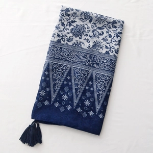 Classic blue and white porcelain floral print cotton linen scarf with tassel details