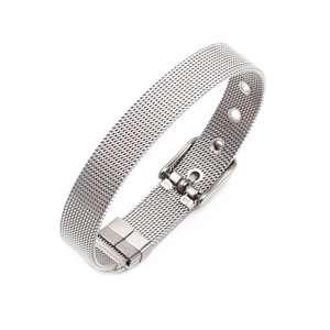 Silver 10mm mesh watch band bracelet in stainless steel with adjustable buckle closure