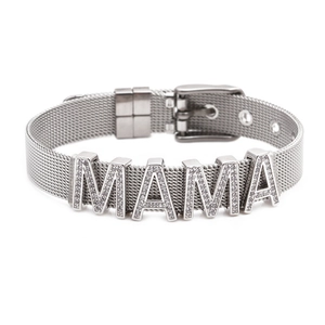 Silver stainless steel mesh bracelet with zircon-inlaid MAMA letters and adjustable buckle
