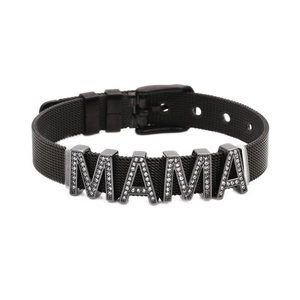 Black stainless steel mesh bracelet with MAMA letters and sparkling zircons