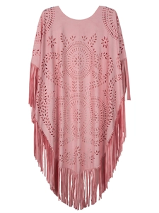 Detail of pink faux suede cape featuring laser-cut floral patterns and long fringe trim