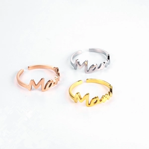 Adjustable open rings with Mom script design in rose gold, silver, and gold finishes