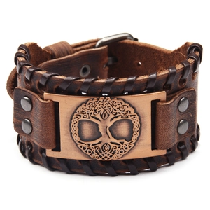 Brown leather tree of life wide bracelet with bronze celtic medallion and braided cord edges