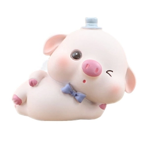 Cute pink pig figurine with blue hat and bow, creative resin cake topper or car decor