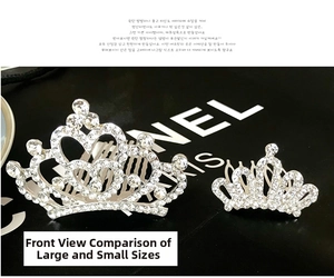 Close-up of silver princess crown hair combs with sparkling white rhinestones in two sizes