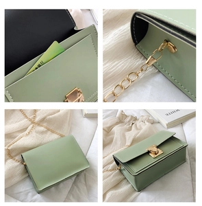 Détails de la petite sacoche en cuir PU vert clair avec chaîne dorée et fermoir à rabat