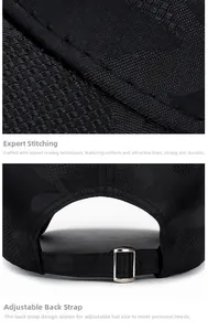 Detail of high-density stitching and adjustable metal strap on camouflage baseball cap