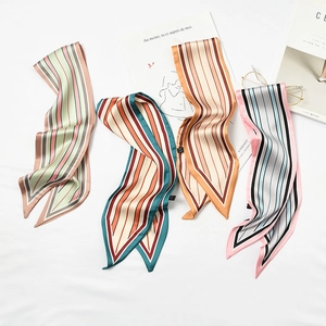 Silk striped skinny scarf for women in four vintage colorways for neck or bag decoration
