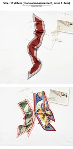 Detail showing various patterned narrow twilly scarves with 11x87cm size measurement