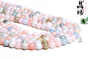 Macro shot of 8-10mm natural polished morganite round beads in pastel macaron colors