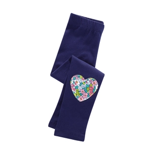 Girls dark blue cotton leggings with colorful floral heart applique and elastic waist