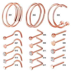 18-piece set of rose gold stainless steel nose rings and studs in various geometric shapes