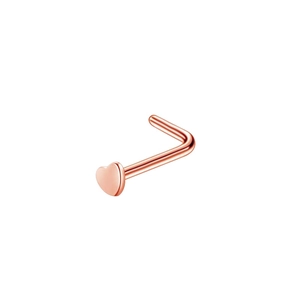 L-shaped stainless steel nose stud with rose gold finish and heart-shaped top detail