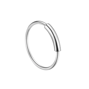 Close-up of a minimalist silver stainless steel hoop ring with a high-polished finish