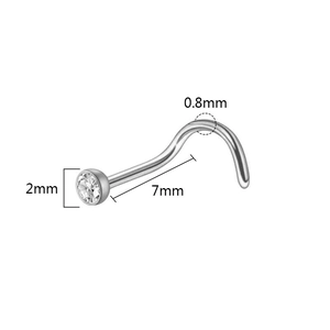 Detailed size chart for stainless steel L-shaped nose stud with 2mm white zircon stone
