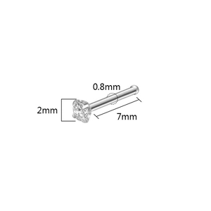 Detail view of silver nose stud with 2mm clear zircon and stainless steel dimensions