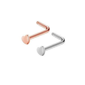 L-shaped heart nose studs in silver and rose gold finishes made of stainless steel