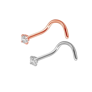 Close-up of L-shaped stainless steel nose studs with round clear zircon in rose gold and silver
