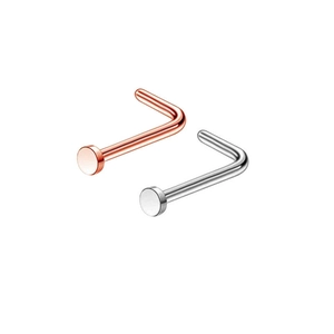 L-shaped stainless steel nose studs in rose gold and silver finish with high polish