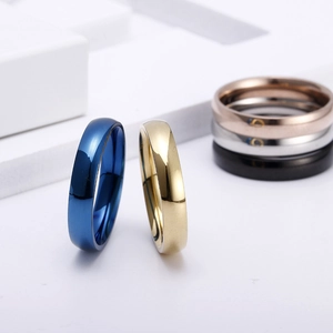 Polished stainless steel rings in five colors with a mirror finish and smooth surface
