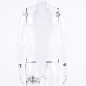 Detailed view of the white ribbed fabric texture on this slim sleeveless bodysuit