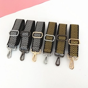 Adjustable nylon shoulder straps in chevron pattern with gold, silver and gunmetal hooks