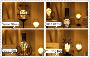 Detailed views of Nordic metal wire LED lamps in wine glass and bottle shapes