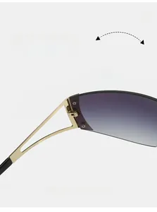 Macro shot of durable golden metal texture hinges on rimless gradient lens sunglasses
