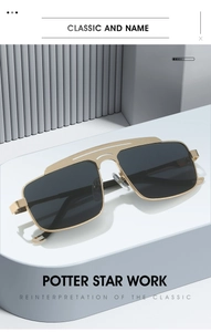 Detailed view of gold metal double bridge on modern flat lens aviator sunglasses