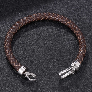 Braided brown leather bracelet with silver horseshoe stainless steel buckle for men