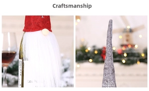 Close-up of Nordic Santa gnome wine bottle cover featuring grey felt with snowflake patterns