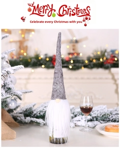 Grey Christmas gnome wine bottle cover with white snowflake embroidery and long faux fur beard