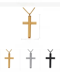 Macro detail of cross pendant with knurled texture and 18K gold vacuum plating