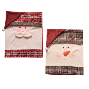 Christmas chair covers featuring Santa and snowman in red and beige checkered patterns