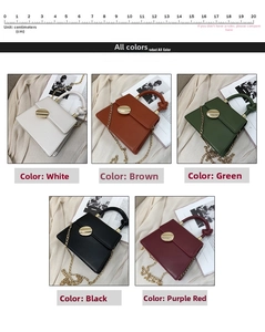 Five vintage leather crossbody bags in various colors with round handles and gold chains