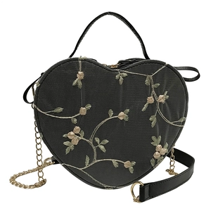 Fashionable heart-shaped crossbody bag with floral lace embroidery and gold chain strap