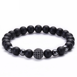 Natural matte stone beaded stretch bracelet with micro-pave zircon ball for couples