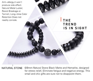Macro detail of 6mm and 8mm matte black natural stone beads with elastic cord stringing