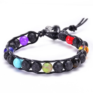 Chakra yoga bracelet with natural lava rock and colorful stone beads on leather cord