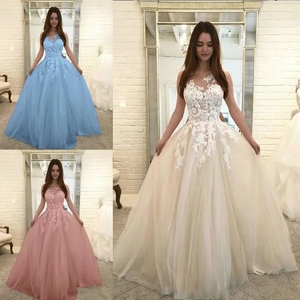 Lace applique sleeveless evening gown in blue, pink, and champagne tulle fabric