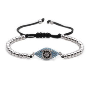 Adjustable evil eye bracelet with blue zircons and silver metal beads on black cord