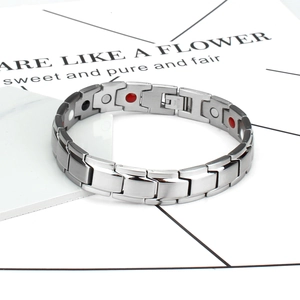 Polished stainless steel magnetic therapy bracelet for men with multi-color inset stones