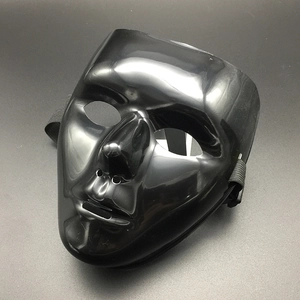 Detail of a shiny black full face hip-hop mask with elastic strap for Halloween parties