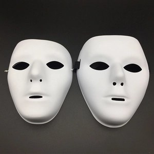 Comparison showing two white DIY craft masks in male and female sizes for performances