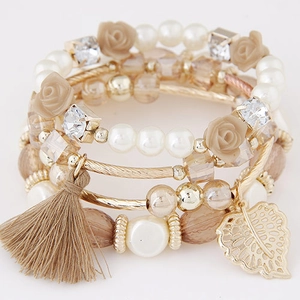 Bohemian multi-layer braided bracelet with floral crystals and beaded tassels