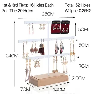Three-tier white metal earring organizer with 52 holes and solid wooden base