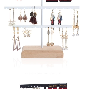Creative multi-layer earring display stand with natural wooden base and white metal bars