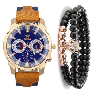 Close-up of square quartz watch with brown leather strap and black beaded bracelet set