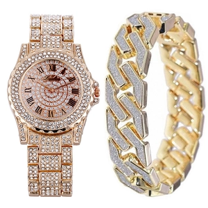 Luxury gold quartz watch and cuban bracelet set with sparkling diamonds for men